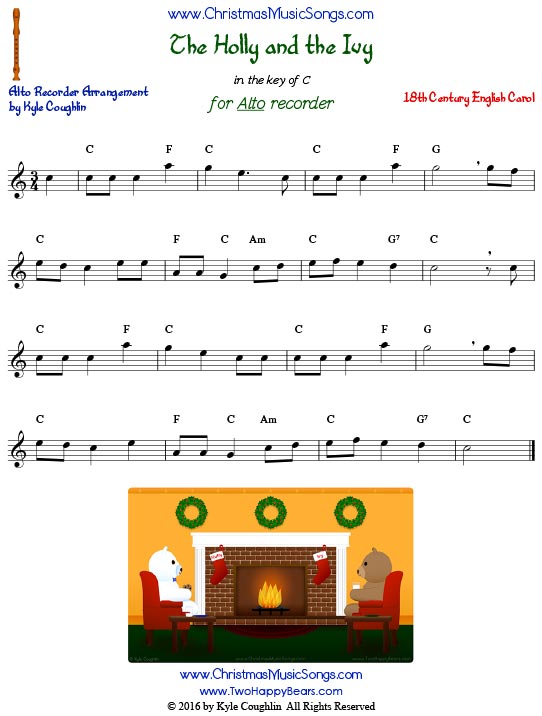 The Holly and the Ivy for alto recorder in the key of C.