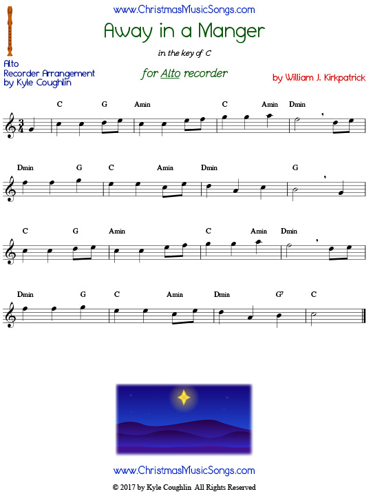 Away in a Manger for alto recorder, free printable PDF sheet music in the key of C. Version composed by William J. Kirkpatrick.