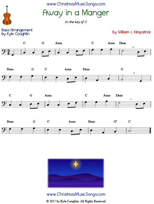 Away in a Manger bass sheet music by William J. Kirkpatrick, arranged to play along with other wind, brass, and string instruments.