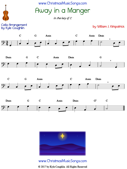 Away in a Manger cello sheet music by William J. Kirkpatrick, arranged to play along with other wind, brass, and string instruments.