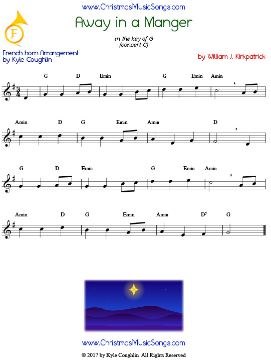 Away in a Manger French horn sheet music by William J. Kirkpatrick, arranged to play along with other wind, brass, and string instruments.