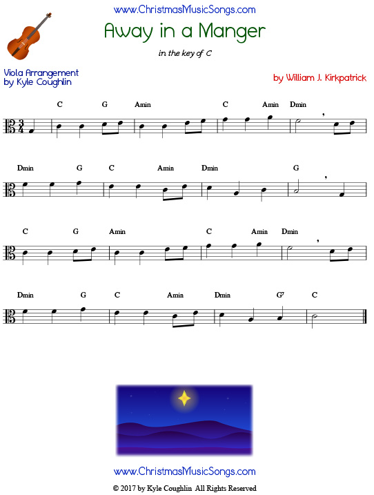 Away in a Manger viola sheet music by William J. Kirkpatrick, arranged to play along with other wind, brass, and string instruments.