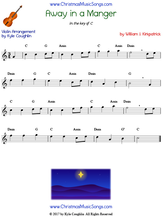 Away in a Manger violin sheet music by William J. Kirkpatrick, arranged to play along with other wind, brass, and string instruments.