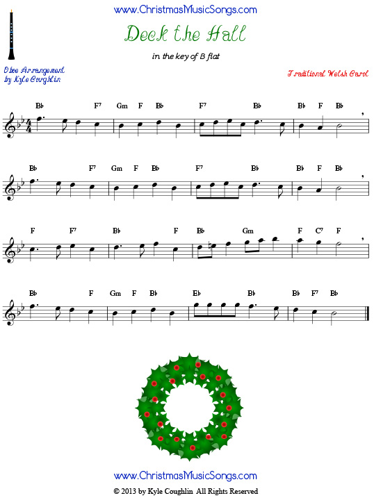 Deck the Halls sheet music for oboe.