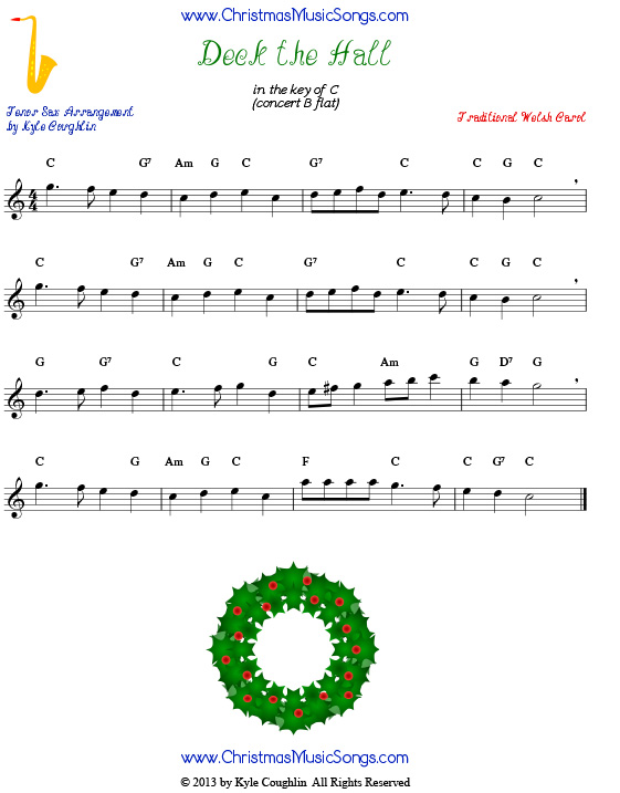 Deck the Halls sheet music for tenor saxophone.