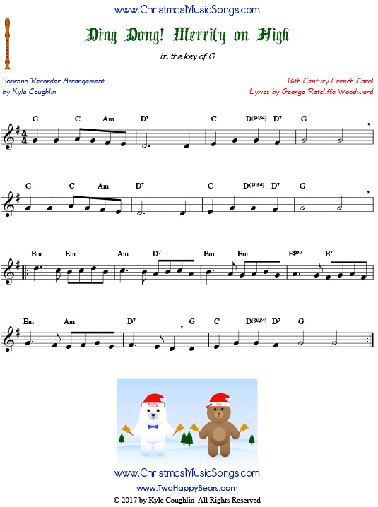 The Christmas carol Ding Dong! Merrily on High, arranged for recorder in the key of G.