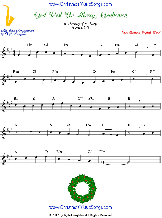 God Rest Ye Merry, Gentlemen alto saxophone sheet music, arranged to play along with other wind, brass, and string instruments.