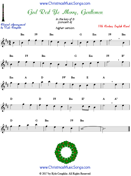 Higher version of God Rest Ye Merry, Gentlemen clarinet sheet music, arranged to play along with other wind, brass, and string instruments.