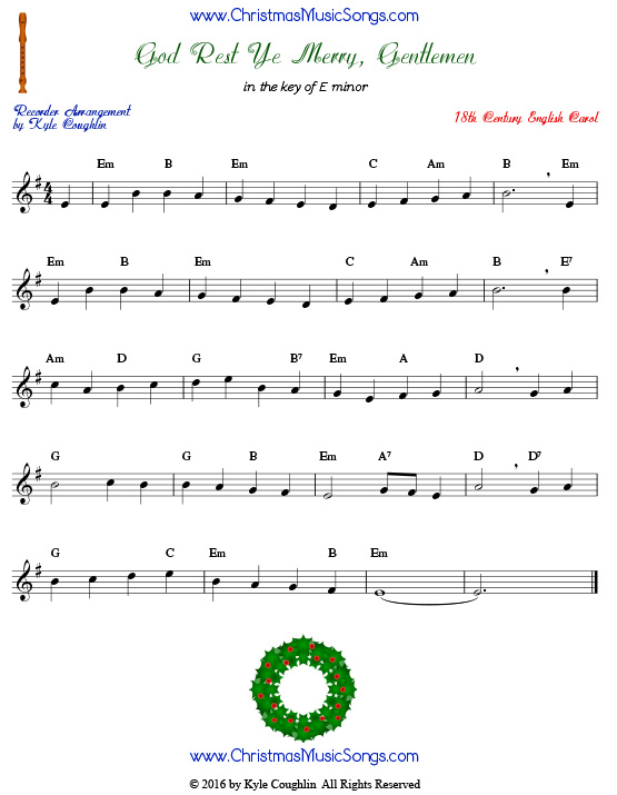 The Christmas carol God Rest Ye Merry Gentlemen for recorder in the key of E minor.