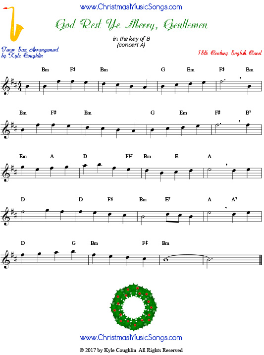 God Rest Ye Merry, Gentlemen tenor saxophone sheet music, arranged to play along with other wind, brass, and string instruments.