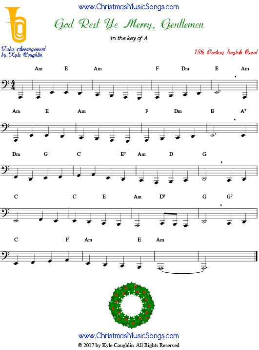 God Rest Ye Merry, Gentlemen tuba sheet music, arranged to play along with other wind, brass, and string instruments.