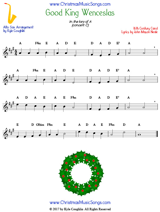 Good King Wenceslas alto saxophone sheet music, arranged to play along with other wind, brass, and string instruments.