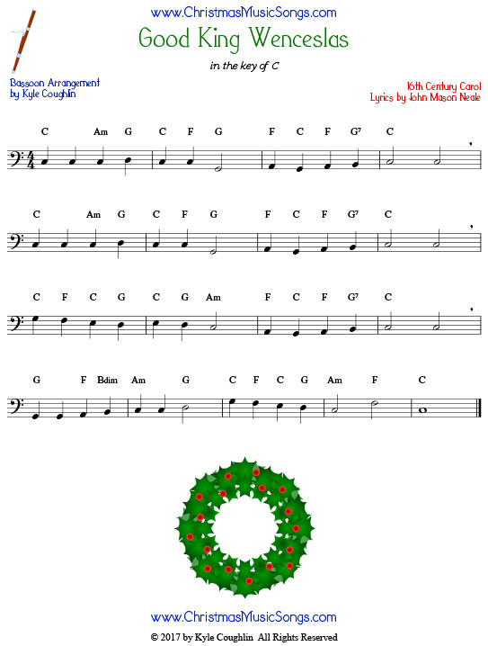 Good King Wenceslas bassoon sheet music, arranged to play along with other wind, brass, and string instruments.