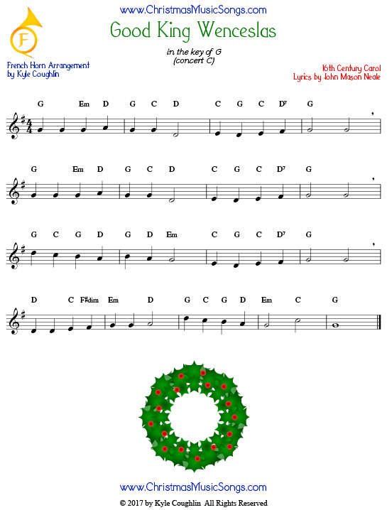Good King Wenceslas French horn sheet music, arranged to play along with other wind, brass, and string instruments.