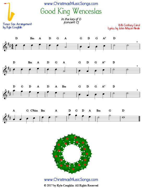 Good King Wenceslas tenor saxophone sheet music, arranged to play along with other wind, brass, and string instruments.