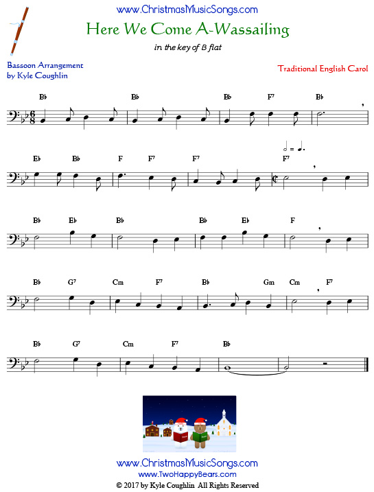 Here We Come A-Wassailing bassoon sheet music, arranged to play along with other wind and brass instruments.