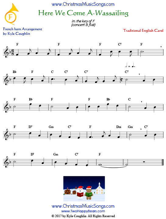 Here We Come A-Wassailing French horn sheet music, arranged to play along with other wind and brass instruments.
