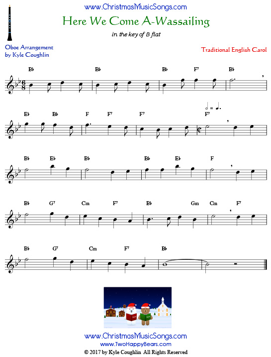 Here We Come A-Wassailing oboe sheet music, arranged to play along with other wind and brass instruments.