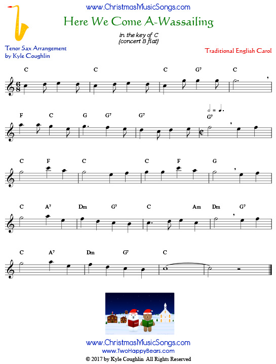 Here We Come A-Wassailing tenor saxophone sheet music, arranged to play along with other wind and brass instruments.