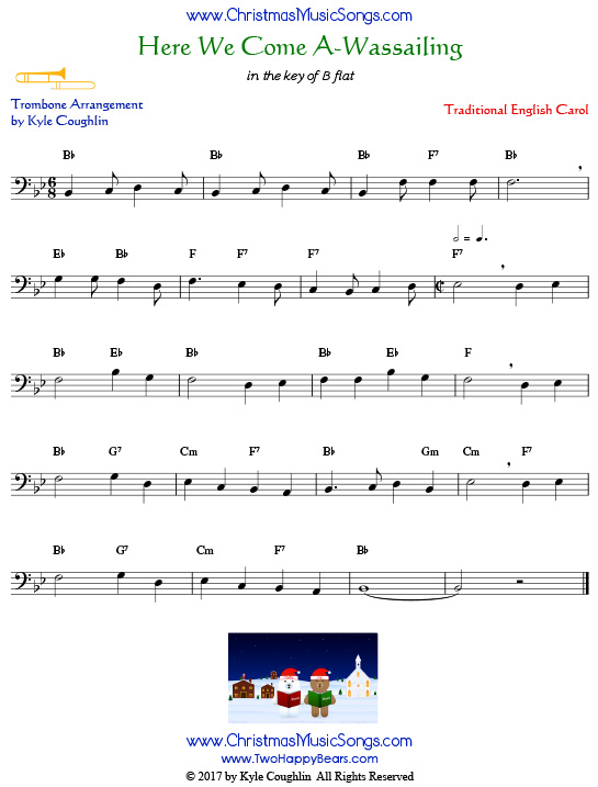 Here We Come A-Wassailing trombone sheet music, arranged to play along with other wind and brass instruments.