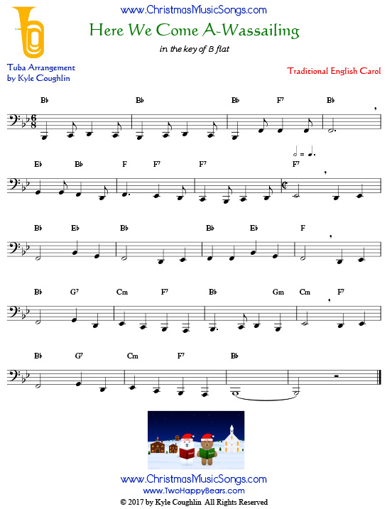 Here We Come A-Wassailing tuba sheet music, arranged to play along with other wind and brass instruments.