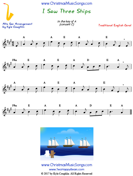 I Saw Three Ships alto saxophone sheet music, arranged to play along with other wind, brass, and string instruments.