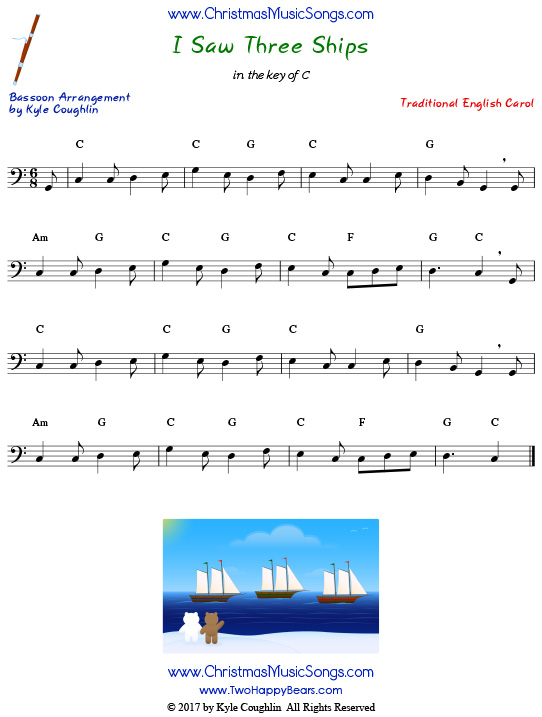 I Saw Three Ships bassoon sheet music, arranged to play along with other wind, brass, and string instruments.