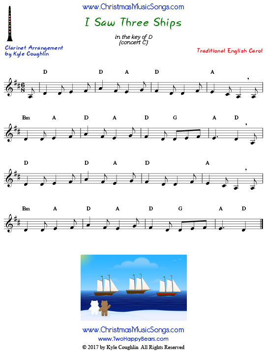 I Saw Three Ships clarinet sheet music, arranged to play along with other wind, brass, and string instruments.