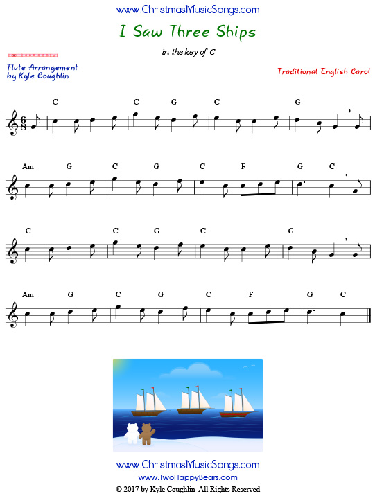 I Saw Three Ships flute sheet music, arranged to play along with other wind, brass, and string instruments.