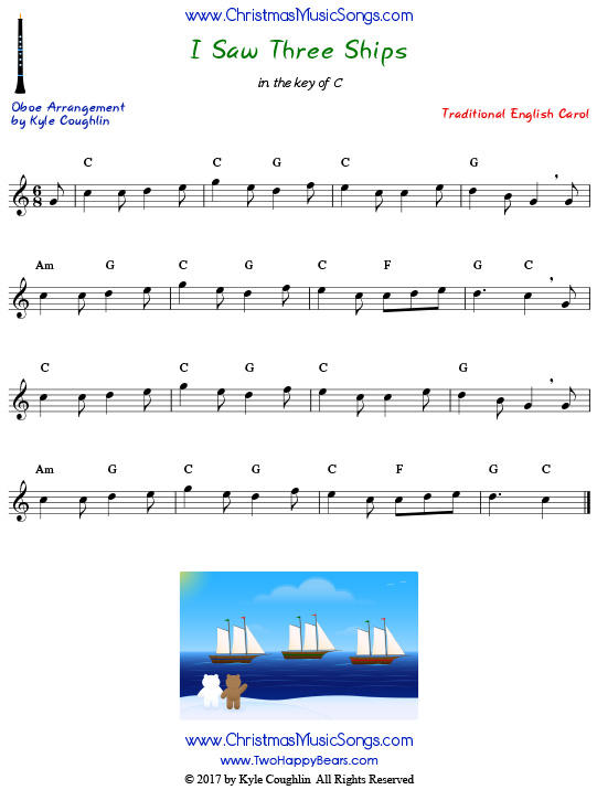 I Saw Three Ships oboe sheet music, arranged to play along with other wind, brass, and string instruments.