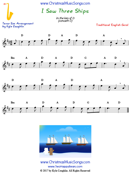I Saw Three Ships tenor saxophone sheet music, arranged to play along with other wind, brass, and string instruments.