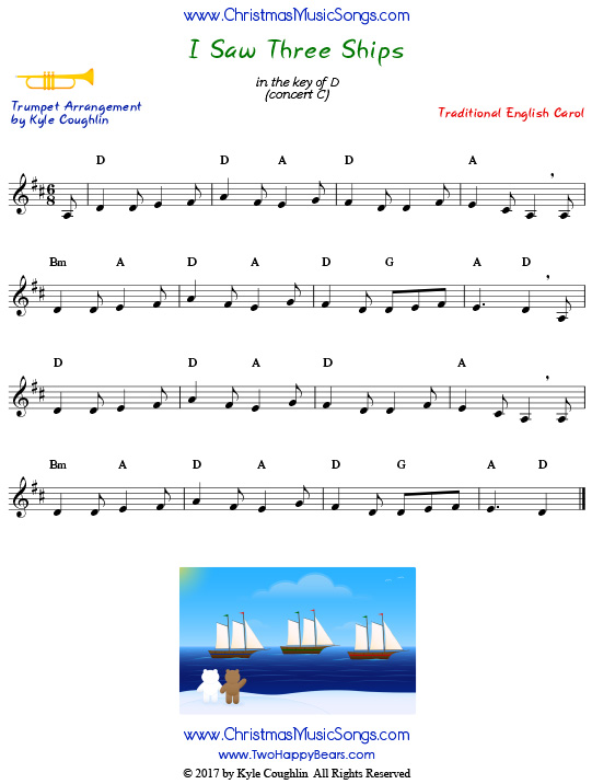 I Saw Three Ships trumpet sheet music, arranged to play along with other wind, brass, and string instruments.