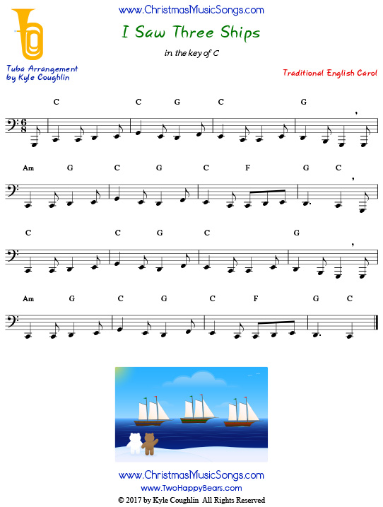 I Saw Three Ships tuba sheet music, arranged to play along with other wind, brass, and string instruments.