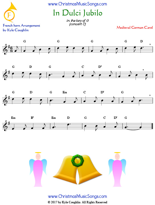 In Dulci Jubilo French horn sheet music, arranged to play along with other wind, brass, and string instruments.