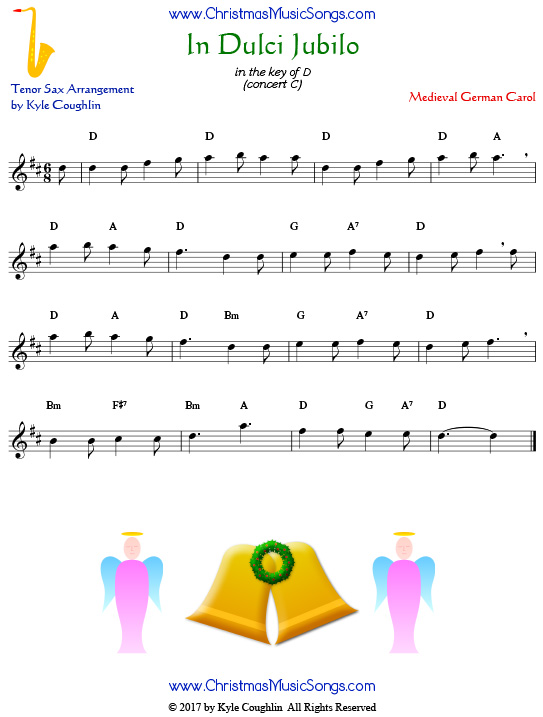 In Dulci Jubilo tenor saxophone sheet music, arranged to play along with other wind, brass, and string instruments.
