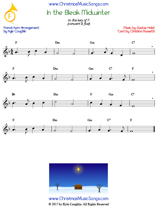 In the Bleak Midwinter French horn sheet music, arranged to play along with other wind and brass instruments.