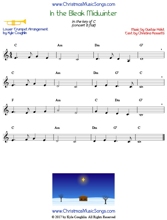 In the Bleak Midwinter trumpet sheet music in a lower range, arranged to play along with other wind and brass instruments.