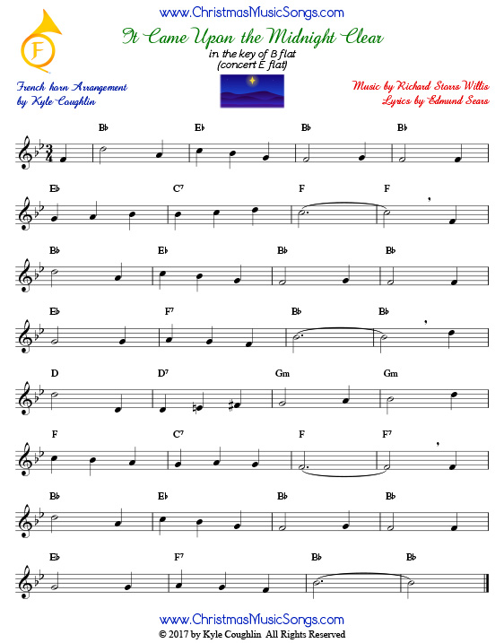 It Came Upon a Midnight Clear French horn sheet music, arranged to play along with other wind and brass instruments.