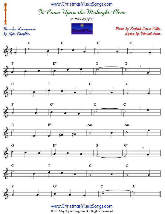 The Christmas carol It Came Upon a Midnight Clear for recorder in the key of C.