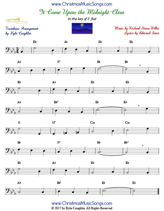 It Came Upon a Midnight Clear trombone sheet music, arranged to play along with other wind and brass instruments.