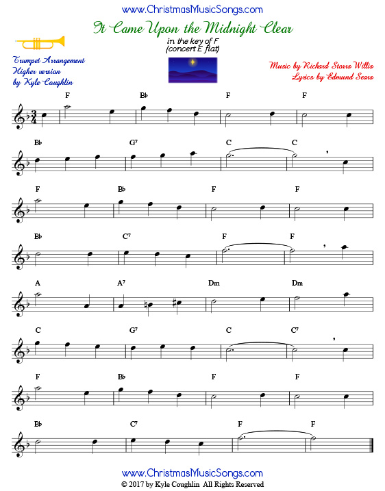 It Came Upon a Midnight Clear trumpet sheet music in a higher range, arranged to play along with other wind and brass instruments.