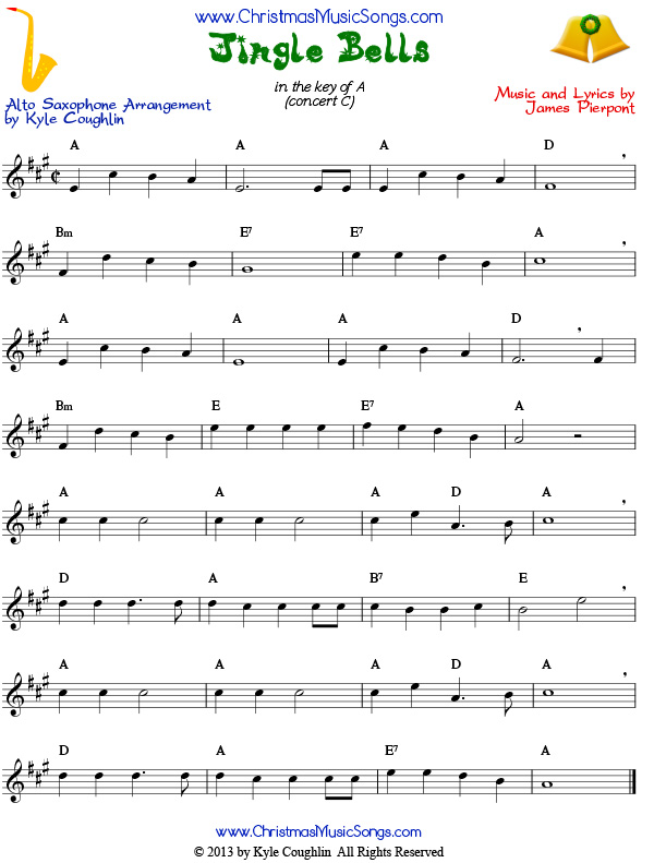 Jingle Bells sheet music for alto saxophone, to play along with winds, brass, and strings.
