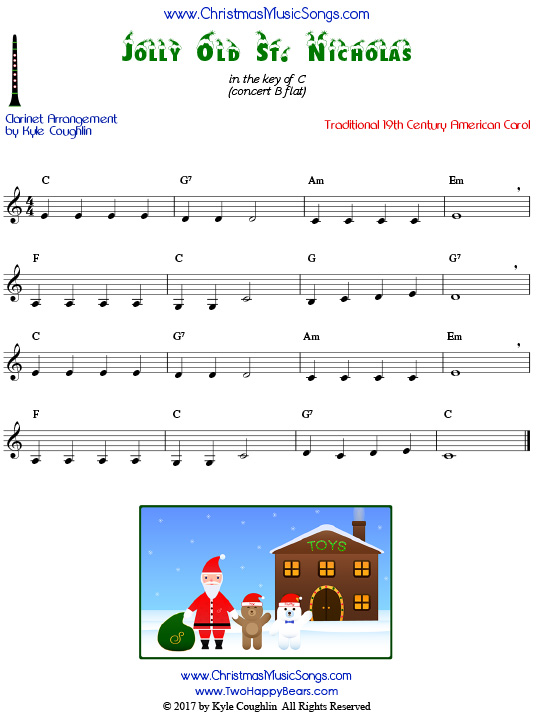 Jolly Old St. Nicholas clarinet sheet music, arranged to play along with other wind, brass, and string instruments.