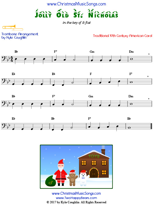 Jolly Old St. Nicholas trombone sheet music, arranged to play along with other wind, brass, and string instruments.