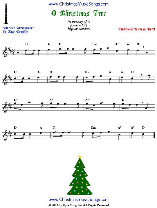 O Christmas Tree sheet music in the upper register, arranged for clarinet to play along with other wind, brass, and string instruments.