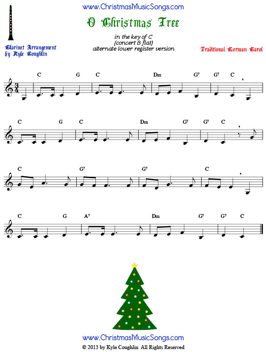 O Christmas Tree sheet music, arranged for clarinet in the lower register.