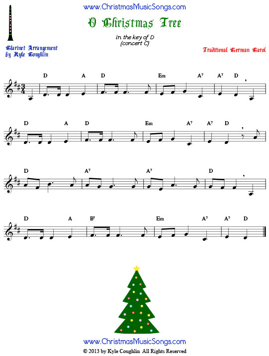 O Christmas Tree clarinet sheet music, arranged to play along with other wind, brass, and string instruments.