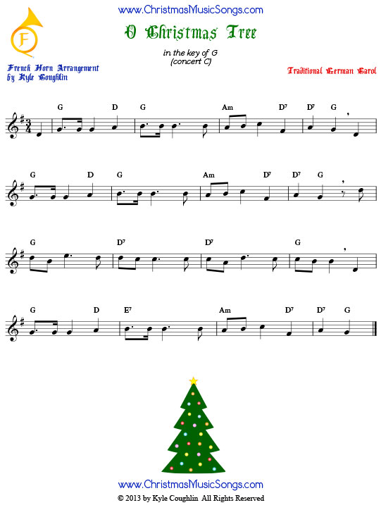 O Christmas Tree French horn sheet music, arranged to play along with other wind, brass, and string instruments.
