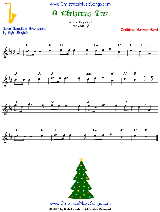 O Christmas Tree tenor saxophone sheet music, arranged to play along with other wind, brass, and string instruments.