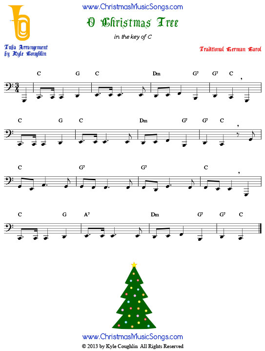 O Christmas Tree tuba sheet music, arranged to play along with other wind, brass, and string instruments.